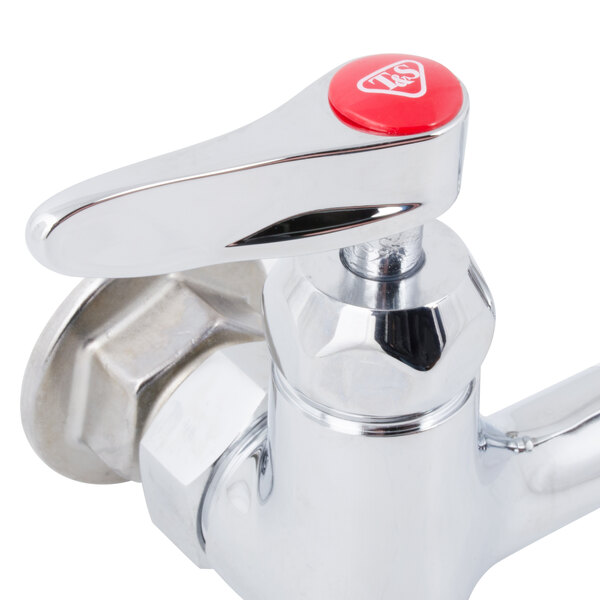 A T&S chrome wall mount faucet with lever handles.