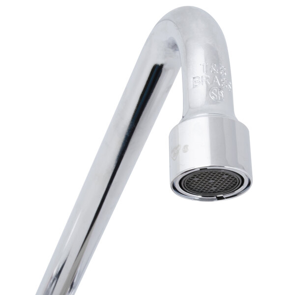 A T&S chrome wall mount faucet with lever handles and a swing spout.