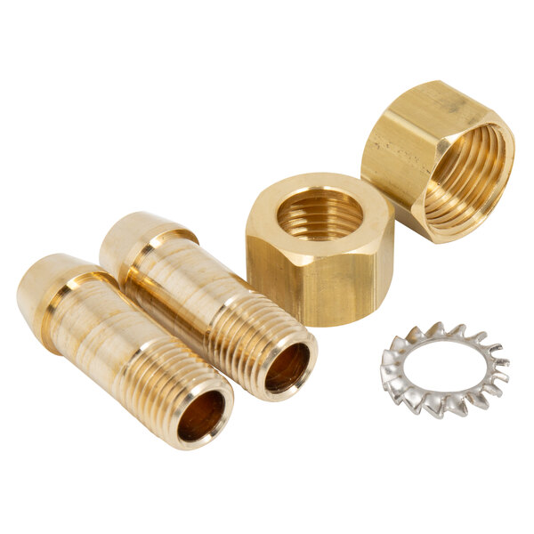 Brass threaded nut and washer set for a T&S wall mount faucet.