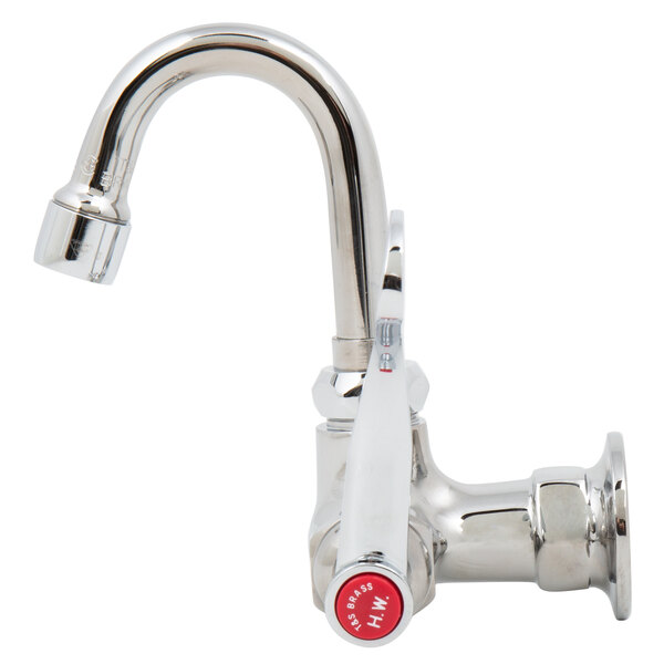 A chrome T&S wall mounted faucet with a red wrist handle and red valve.