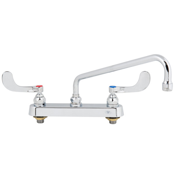 A T&S deck-mounted workboard faucet with wrist handles and a swing nozzle.