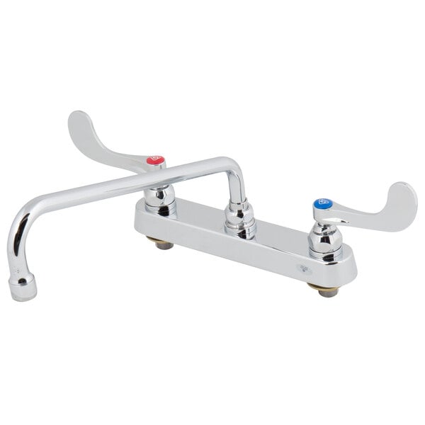 A T&S deck-mounted workboard faucet with wrist handles and a swing nozzle over a white background.