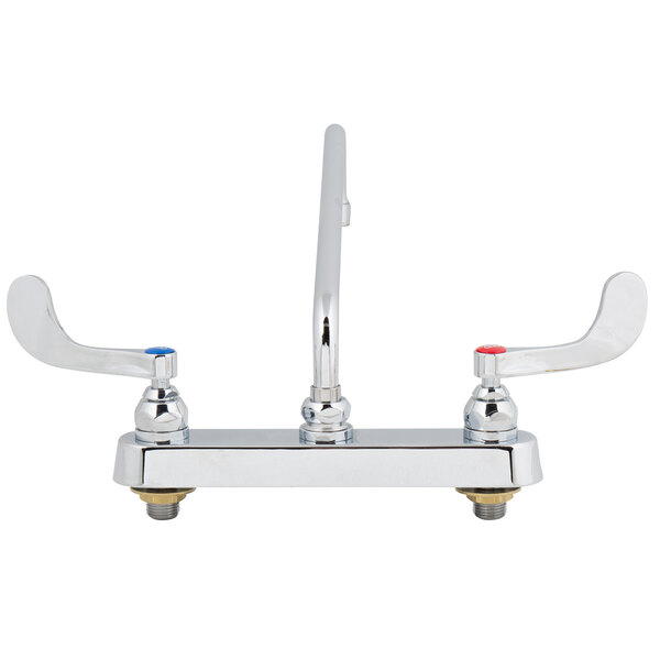 A T&S deck-mounted workboard faucet with wrist handles and a swing nozzle on an 8" center.