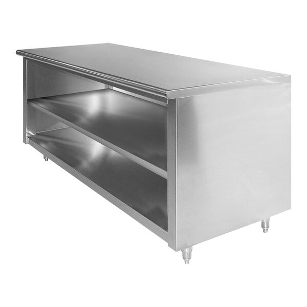 Advance Tabco EB-SS-304M 30" x 48" 14 Gauge Open Front Cabinet Base Work Table with Fixed Mid Shelf