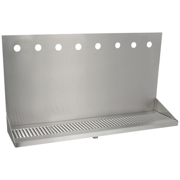 A Micro Matic stainless steel wall mount drip tray with 8 faucets and holes.