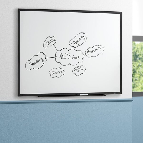 A Quartet magnetic whiteboard with a drawing on it.