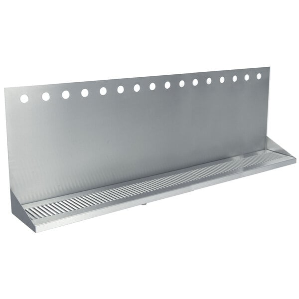 A stainless steel metal wall mount with holes.