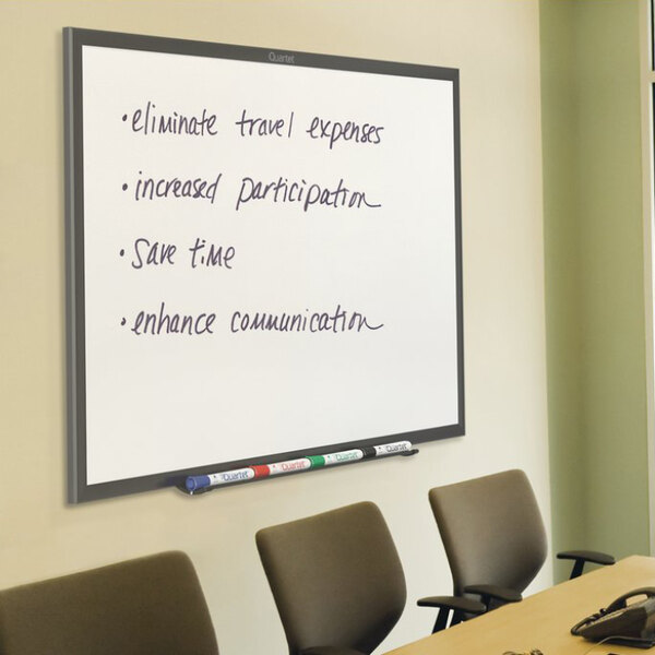 A Quartet whiteboard with black writing on it.