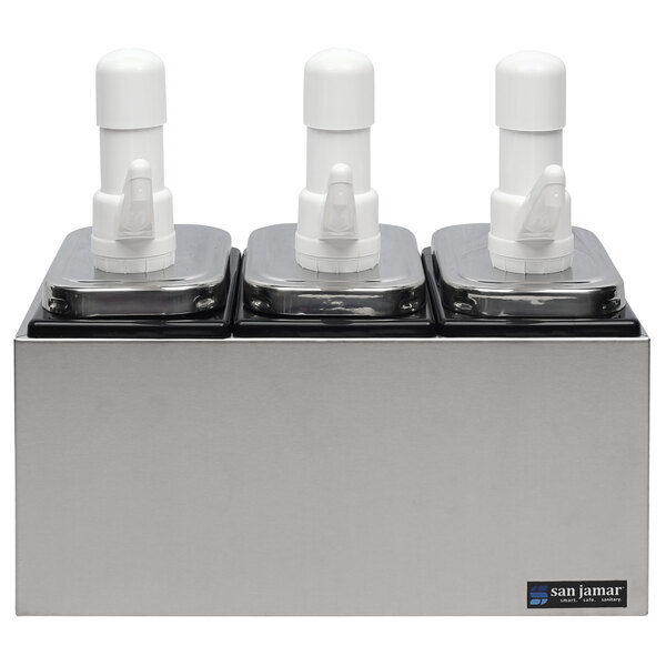 A San Jamar stainless steel condiment pump stand with three white plastic dispensers.