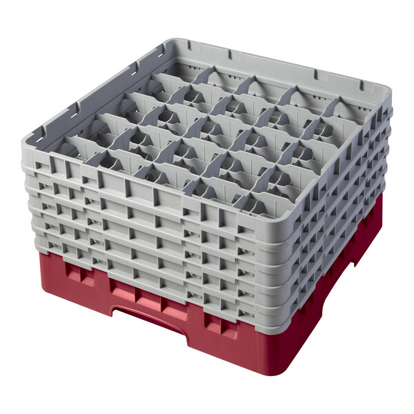 A red plastic Cambro glass rack with gray dividers and extenders.