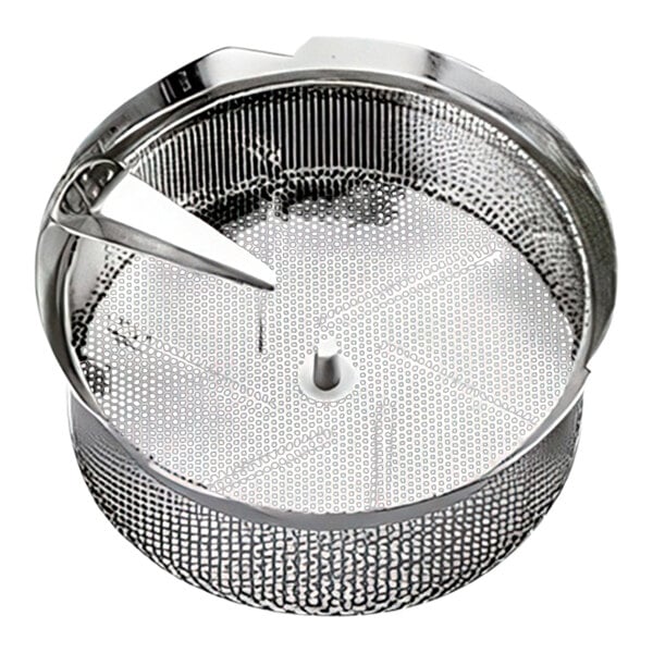 A stainless steel 3/64 inch (1 mm) grid attachment for the Tellier EX5 electric food mill.