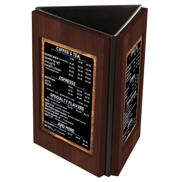 A Menu Solutions walnut wooden table tent holding a menu on a wood counter.