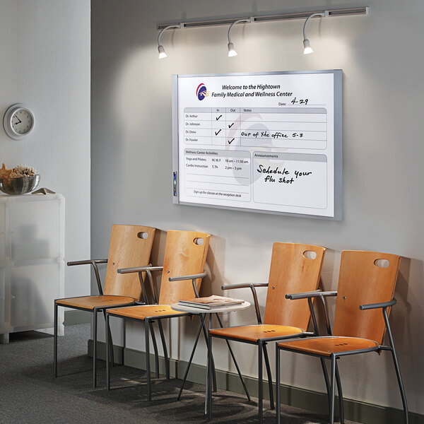 A room in a hospital cafeteria with chairs and a Quartet white board.
