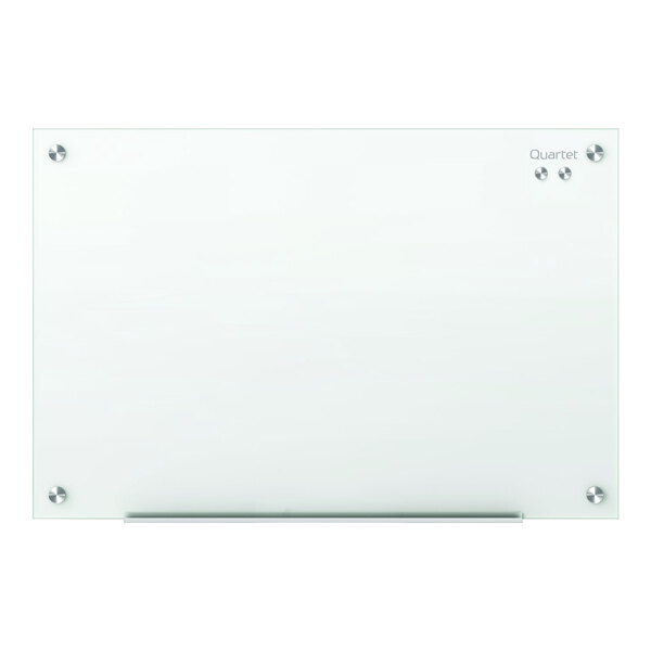 A rectangular frameless glass markerboard with four visible mounting points and a small tray at the bottom.