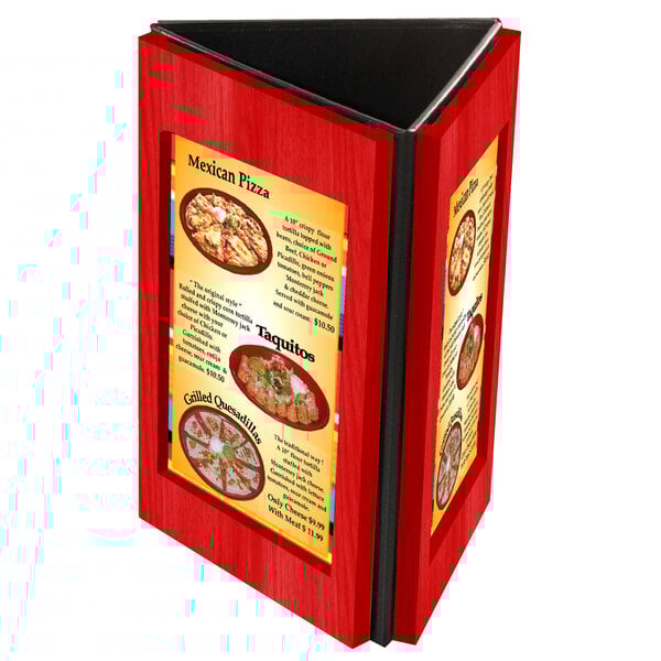A red rectangular wooden table tent with three panels for menus.