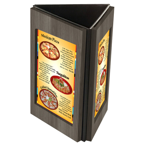 A Menu Solutions wooden table tent with three views for a restaurant menu on a wood table.