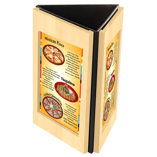 A Menu Solutions wooden table tent with a pizza menu on it.