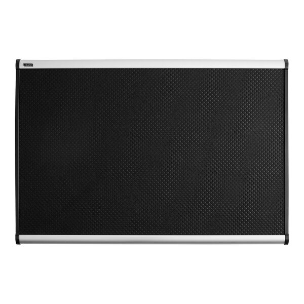 A black and silver rectangular Quartet bulletin board with embossed foam.