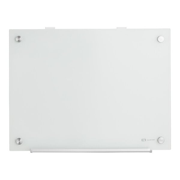 A Quartet Infinity white glass markerboard with metal screws.