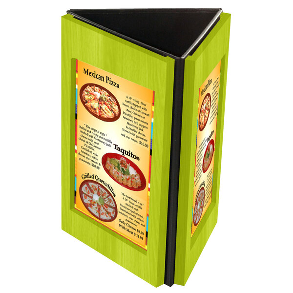 A green rectangular wooden table tent with three views holding a menu.
