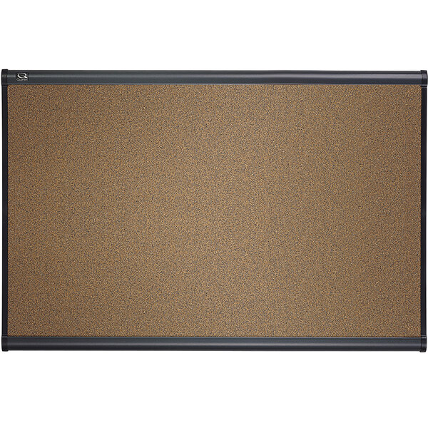 A cork board with a black frame.