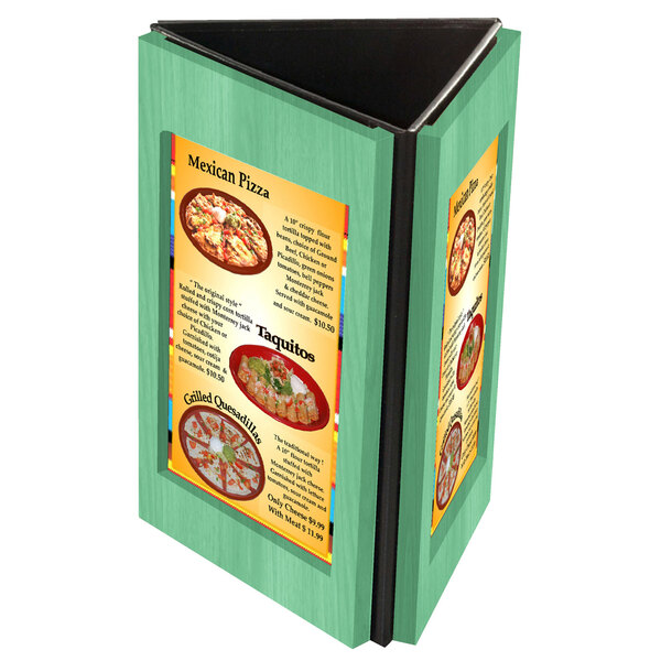 A washed teal wooden menu table tent with three views.
