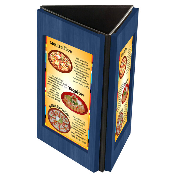 A Menu Solutions blue wooden table tent holding a restaurant menu.