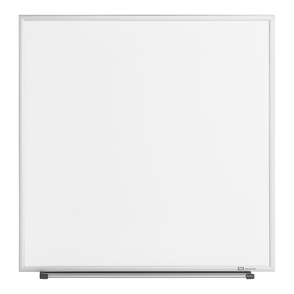 A white board with a metal frame.