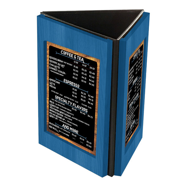 A blue three-sided wooden table tent with menu inserts displayed on each side.