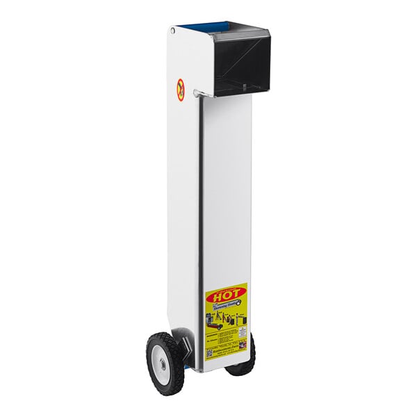 A white rectangular Shortening Shuttle waste oil transporter with wheels and a black handle.