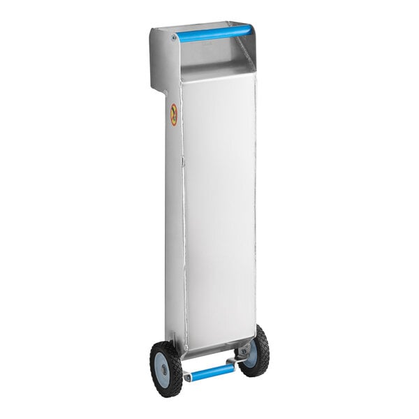 A stainless steel waste oil transport container with wheels and blue handles.