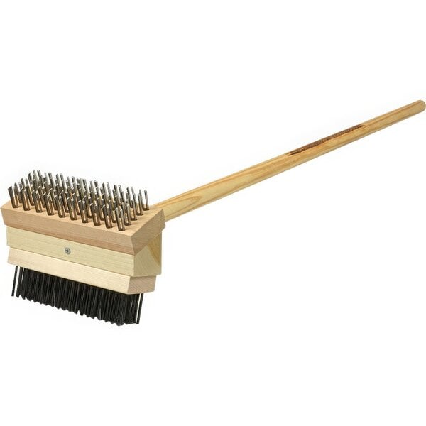 A Texas Brush Jr. with wooden handle and metal bristles.