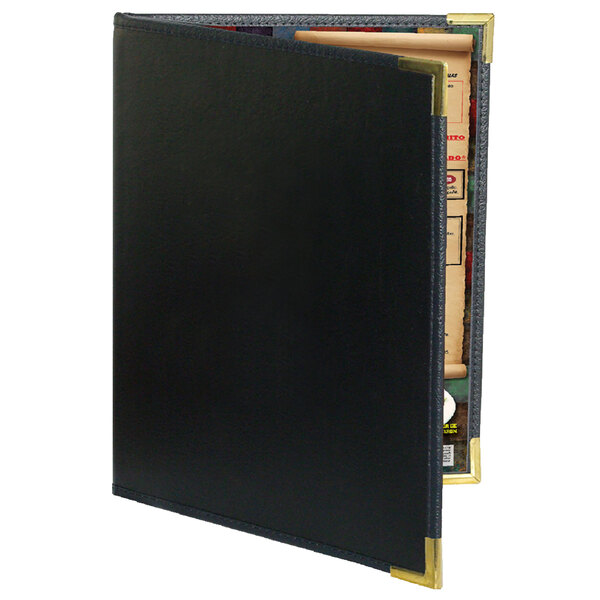 A black leather folder with gold corners.