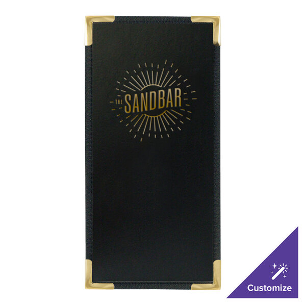 A black leather-like rectangular Menu Solutions menu cover with gold trim and custom gold text.