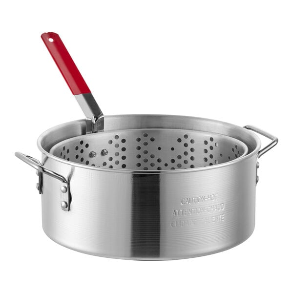 A 10-quart aluminum fry pot or steamer pot with a perforated basket and a red-handled lifting tool.