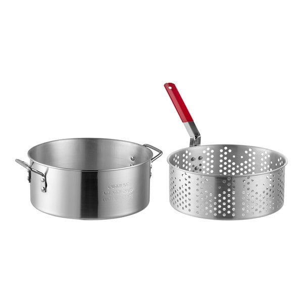 A 10-quart aluminum fry pot and steamer pot set with a perforated basket and a red-handled grip.
