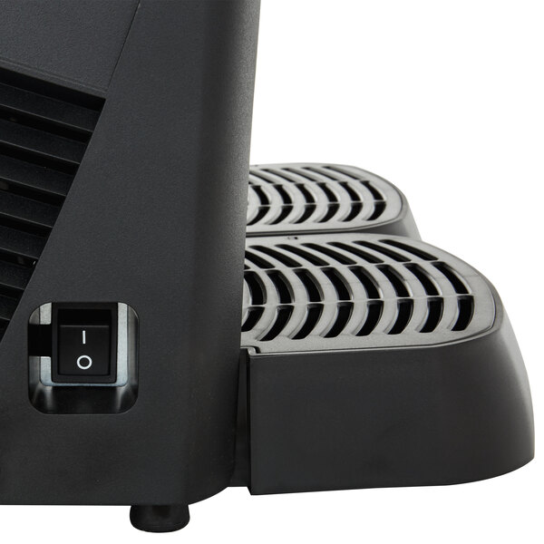 A black Crathco double bowl cold beverage dispenser with an iced coffee decal.