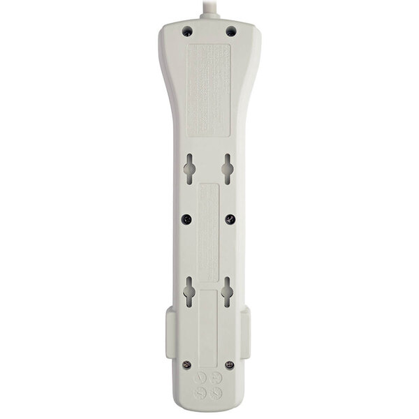 A light gray rectangular Tripp Lite surge protector with 7 outlets and 2 holes on one end.