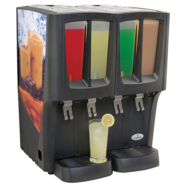 A Crathco refrigerated beverage dispenser with different colored drinks in plastic cups with lids.