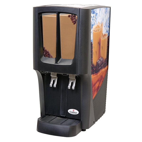 A black and grey Crathco beverage dispenser with two coffee decals above two dispensers.