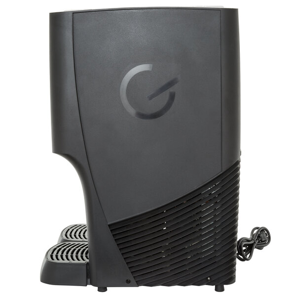 A black Crathco refrigerated beverage dispenser with bowls and a fruit decal.