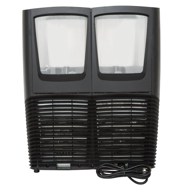 A black Crathco beverage dispenser with two windows showing fruit decals.