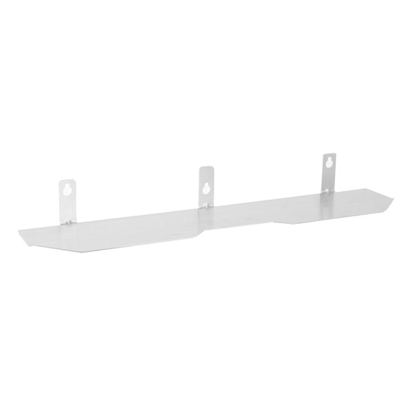 A white plastic shelf with two metal brackets and holes.