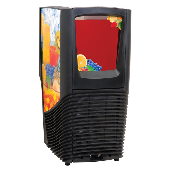 A black Crathco refrigerated beverage dispenser with a colorful fruit decal.