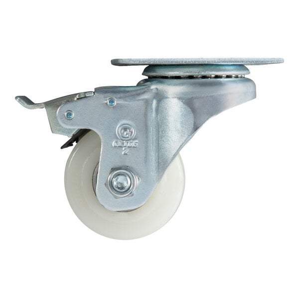 A 2-inch swivel plate caster with a brake, featuring a metal frame and a white wheel.