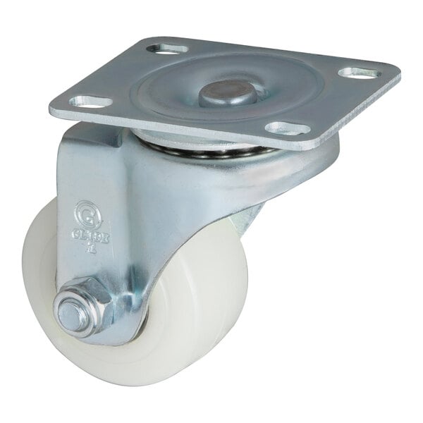 A 2-inch swivel plate caster with a metal mounting plate and a white wheel.
