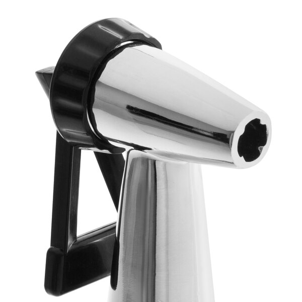 The nozzle of a silver Avantco faucet with a black handle.