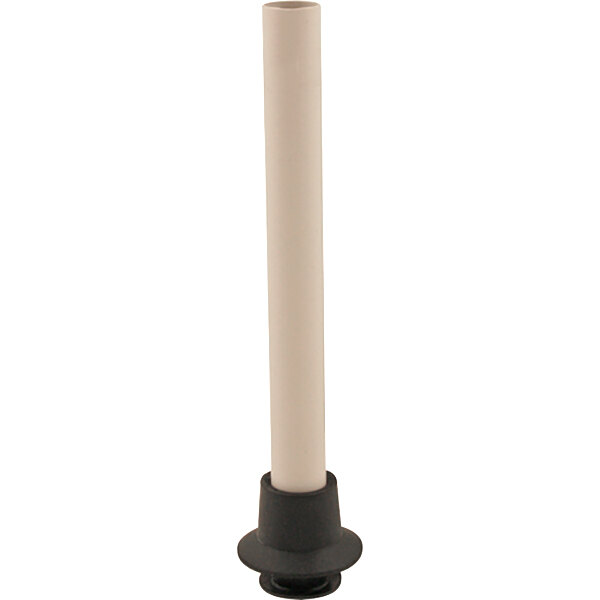 A white plastic overflow pipe with a black rubber base.