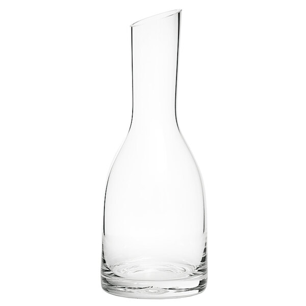 A clear glass carafe with a straight neck.