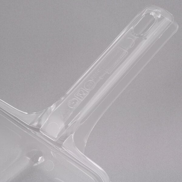 A clear plastic Rubbermaid utility scoop with a handle.
